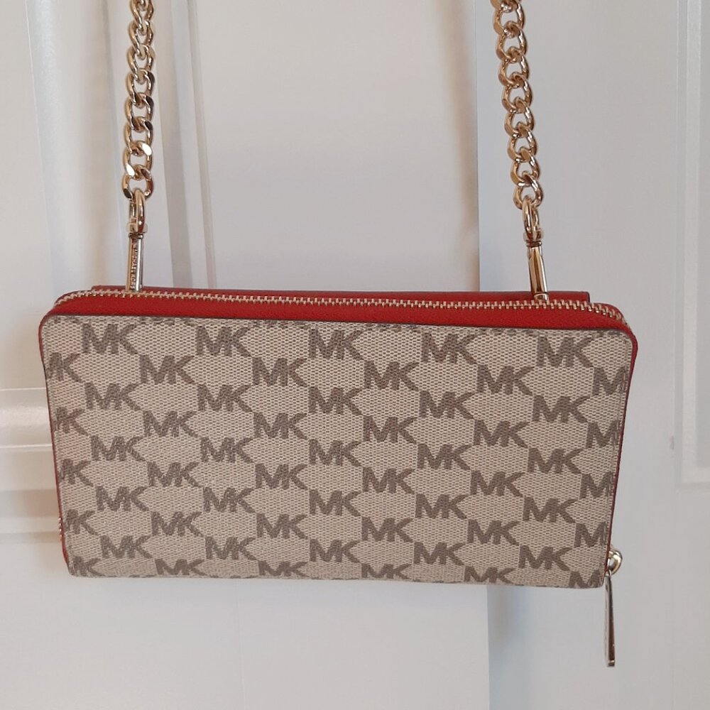 Michael Kors Bridgette Red & Tan MK Logo Print Wallet on Crossbody Strap - Picture 6 of 14